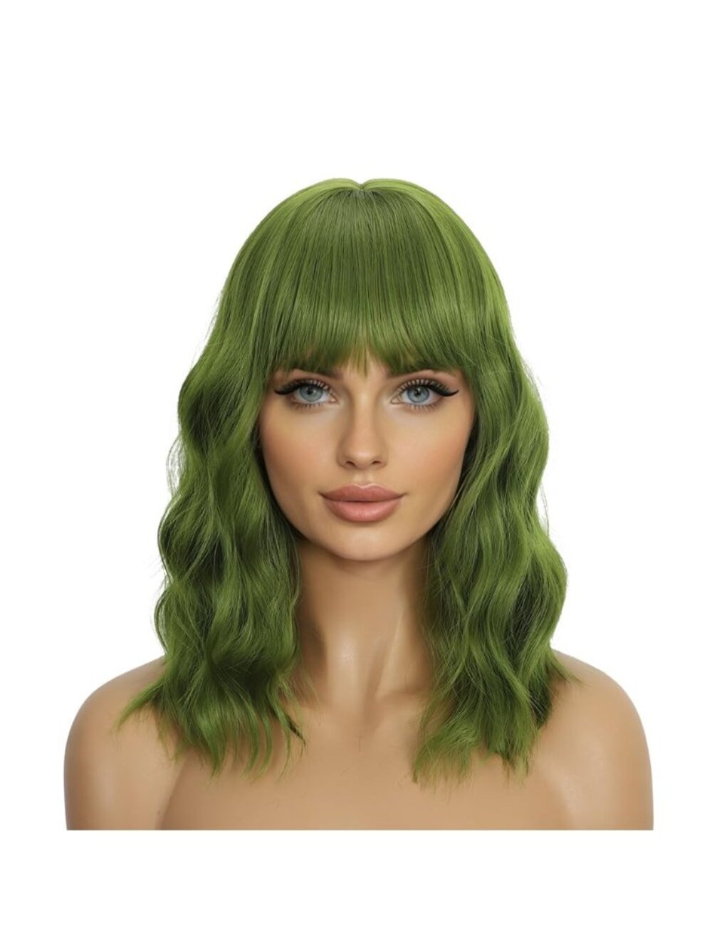 Women's Green 14 Inch Heat Resistant Synthetic Short Wavy Bob Wigs Bangs